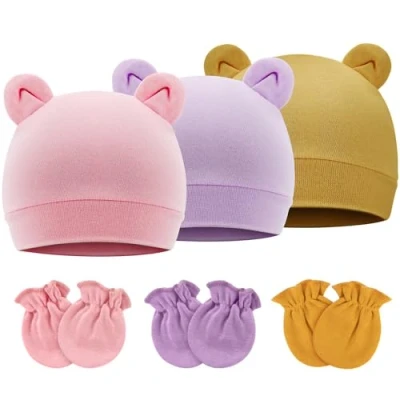 Afbeelding van DRESHOW pasgeboren baby Hoeden Wanten set ziekenhuis hoed beer oren mutsen katoen gestreepte handschoenen voor 0 6 maanden, 3 sets: Bear Ears &amp; 58 B03