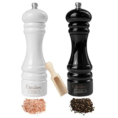 Afbeelding van Creative Home Grote Houten Peper en Zoutmolen Wit Zwart Set van 2 met Mini Lepel 18 x 5 cm Beukenhout Handmatig