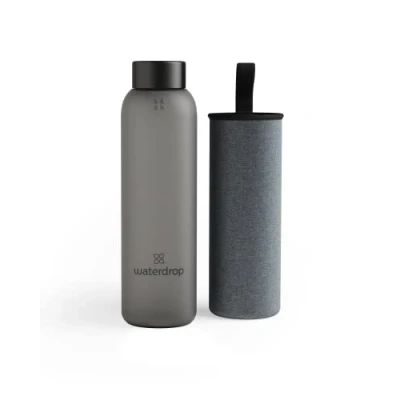 Afbeelding van waterdrop® Glas Drinkfles 600 ml Met neopreen hoes Black Frosted
