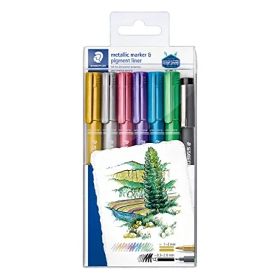 Afbeelding van metallic marker set 6 kleuren + pigment liner