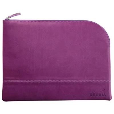 Afbeelding van RHODIA 116740C Pochette Zippée en Simili Cuir Violet Taille L (21x28 cm) Coutures Véritables Intérieur Tissu Orange Rangement Documents, Petites Fournitures