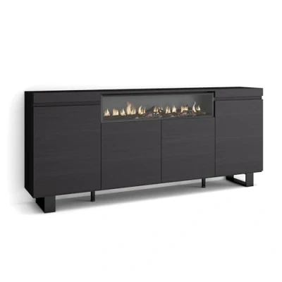 Afbeelding van Skraut Home Dressoir voor woonkamer en keuken opbergkast, commode 200 x 87 35 cm 4 deuren elektrische open haard industrieel design moderne stijl zwart
