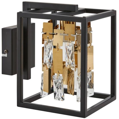 Afbeelding van Wandlamp Lucande Arcan, goudkleurig/zwart, kristalglas