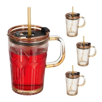 Afbeelding van Relaxdays drinkglazen met handvat set van 4 limonadeglazen rietje en deksel bruin