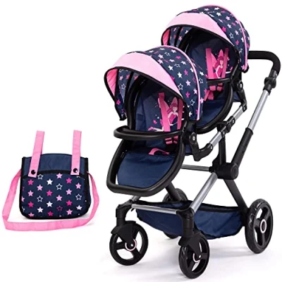 Afbeelding van Bayer Design Tweeling poppenwagen Twin Xeo, wagen, verstelbare handgreep, tas, blauw, roze, sterren