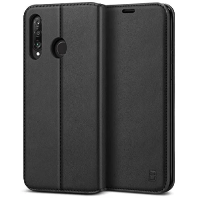 Afbeelding van BEZ® beschermhoes voor Huawei P30 Lite, van hoogwaardig leer, flip case, met creditcardvakken, magneetsluiting, zwart