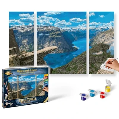 Afbeelding van Trolltunga in Noorwegen Schipper schilderen op nummer Drieluik 50 x 80 cm