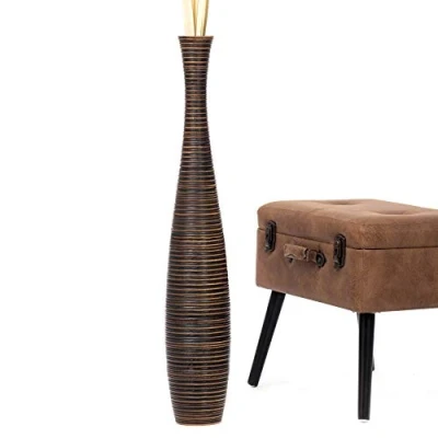 Afbeelding van Leewadee Grote vaas om op de grond neer te zetten voor decoratieve takken, mangohouten vaas, 90 cm, bruin