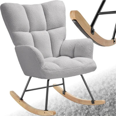 Afbeelding van tectake® Schommelstoel Torve Gestoffeerde Bouclé Stof in Scandi Stijl Relaxstoel met Houten Glijders, Zachte Bekleding en Hoge Rugleuning voor Optimaal Comfort 70 x 96 97 cm Lichtgrijs