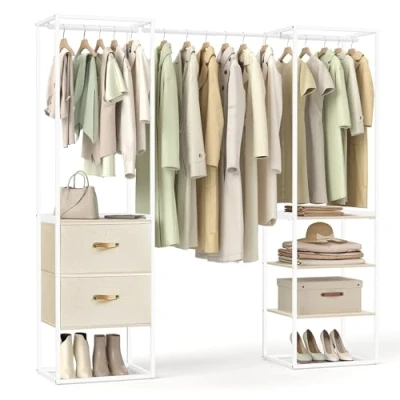 Afbeelding van SONGMICS Kledingrek, open kast, robuuste kapstok, 1 uittrekbare stang, 2 laden, 4 planken, voor slaapkamer, ruimtebesparend, natuurlijk beige RGR003W67