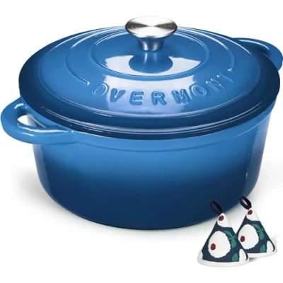 Afbeelding van Overmont Cocotte Ø 26 cm van geëmailleerd gietijzer met deksel, receptenboek voor koken, bakken, stoven, stoofschotels, blauw