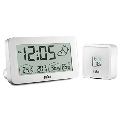 Afbeelding van Braun Digitaal weerstation Wekker met temperatuur en vochtigheidsweergave, weersvoorspelling, lcd display, snelinstelling, Crescendo geluidsalarm in wit, model BC13WP.