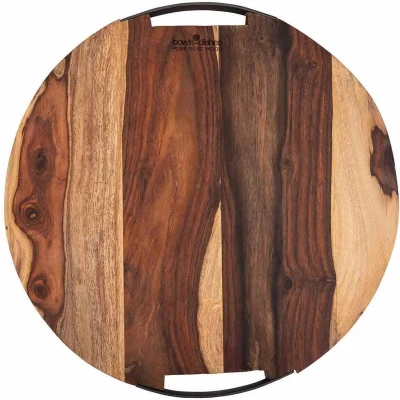 Afbeelding van Bowls and Dishes Pure Rose Wood Duurzame Borrelplank Tapasplank Serveerplank rond Pizzaplank met twee metalen handvatten 39 cm BBQ tip!