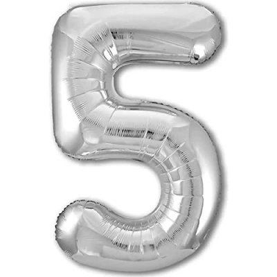 Afbeelding van Verjaardagsballon 5 jaar, cijfer 5, metallic zilver, XXL, 100 cm, verjaardagsdecoratie, lucht of helium