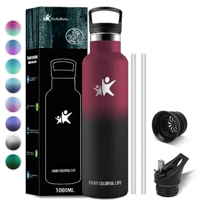 Afbeelding van KollyKolla thermosfles, 1 l, roestvrijstalen drinkfles met rietje, BPA vrije waterfles, herbruikbaar, lekvrij, kinderen, volwassenen, sport, kantoor, 2 doppen