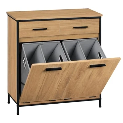 Afbeelding van EUGAD Badkamerkast met 2 opvouwbare waszakken, waskast laden, wasmand, badkamermeubel metalen frame, licht eiken + zwart, 72,5 x 80 34 cm
