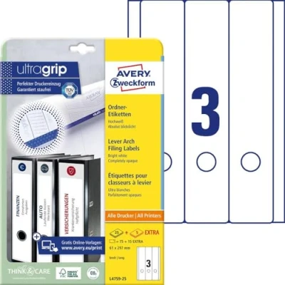 Afbeelding van Avery Zweckform L4759 25 ordnerrugetiketten ft 29,7 x 6,1 cm (b h), 75 etiketten, wit etiket