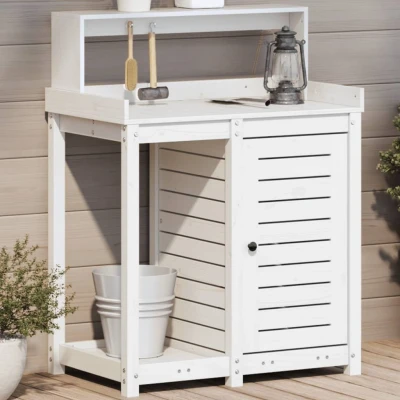 Afbeelding van Oppottafel met schappen 82,5x50x109,5 cm massief grenenhout wit