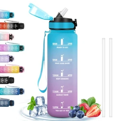 Afbeelding van 1 liter waterfles met lekvrij rietje, motiverende fles tijdschaal, gemakkelijk te reinigen, tijdschema&#039;s om drinken, voor school, hardlopen, kamperen, yoga