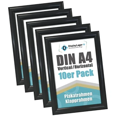 Afbeelding van DisplayLager 10 klemlijsten A4, stuks, zwart posterlijst met 25 mm zilverkleurig aluminium profiel ontspiegeld beschermglas en bevestigingsmateriaal