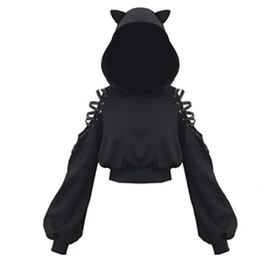 Afbeelding van Womens Kat Oren Zwarte Hoodie Lange Mouw Sweatshirt Leuke Casual Hollow Out Pullover Korte Tops Blouse Crop, Zwart, L