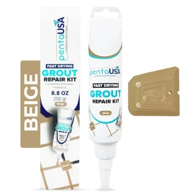 Afbeelding van PentaUSA Tegelafdichting, tegellijm, afdichting voor badkamer, repareert en vernieuwt, voegmiddel tegels, reparatieset met spatel, 250 g, beige