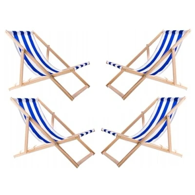 Afbeelding van Set van 4 stuks Strandstoel ligstoelen Verstelbaar Inklapbaar beukenhout Wit met blauw strepen