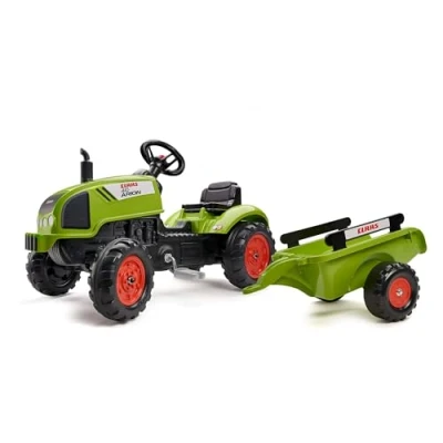 Image de FALK Tracteur à pédales Claas avec remorque Dès 2 ans Fabriqué en France volant directionnel klaxon 2041C, Vert Kaki