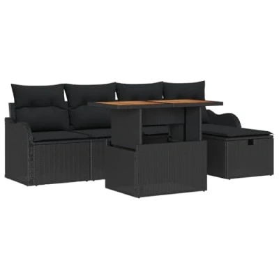 Afbeelding van vidaXL 6 delige Tuin Sofa Set met Kussens Zwart Poly Rattan