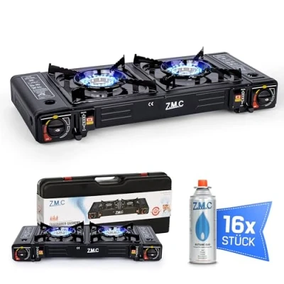 Afbeelding van Z.M.C Campinggasfornuis, 2 pits, met adapter voor lpg aansluiting + 16 gaspatronen van 227 g, campingkooktoestel piëzo ontsteking gebruik buiten en binnen