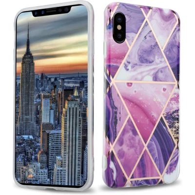 Afbeelding van Cadorabo Hoesje geschikt voor Apple iPhone X / XS in Paars Golf Marmer No. 14 Beschermhoes gemaakt van TPU siliconen Case Cover met mozaïek motief