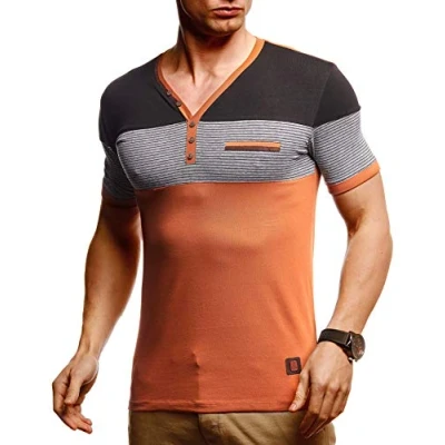 Afbeelding van Leif Nelson Zomer T shirt voor heren, V hals, korte mouwen, casual, Rood en bruin.