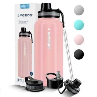 Afbeelding van Wessper Thermische drinkfles van roestvrij staal, 1000 ml, lekvrij, thermosfles, BPA vrij, met 3 deksels, elegante roze sportfles, thermosfles voor kinderen, volwassenen, camping