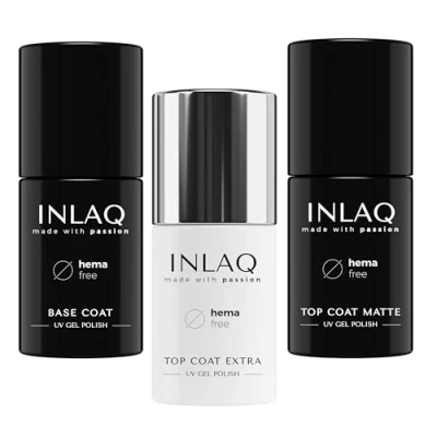 Afbeelding van INLAQ® HEMA Free Top Coat Extra + Matte Base en Set, 3 delig, complete set voor hybride nagellak, x 6 ml