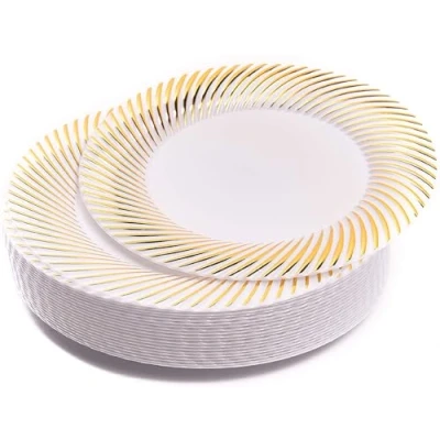 Afbeelding van MATANA 20 Kleine Witte Plastic Borden met Gouden Rand (18cm), Dessert Feestbordjes voor Bruiloften, Verjaardagen, Dopen, Kerstmis &amp; Feesten Stevig en Herbruikbaar