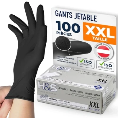 Afbeelding van H&amp;S Nitrilhandschoenen, poedervrij, wegwerphandschoenen (100 stuks), S, M, L, XL, latexvrij, geschikt voor levensmiddelen en goed verdraagbaar de gevoelige huid (zwart, XXL)