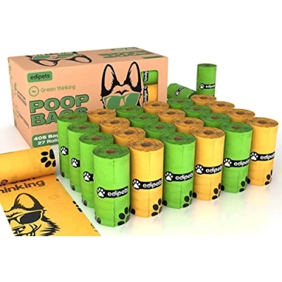 Afbeelding van Edipets, Poepzak voor honden, biologisch afbreekbaar, extra dik, waterdicht, huisdieren, niet geparfumeerd (27 rollen/405 stuks)