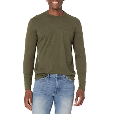 Image de Amazon Essentials T Shirt manches longues pour homme, coupe ajustée, olive chiné, XS