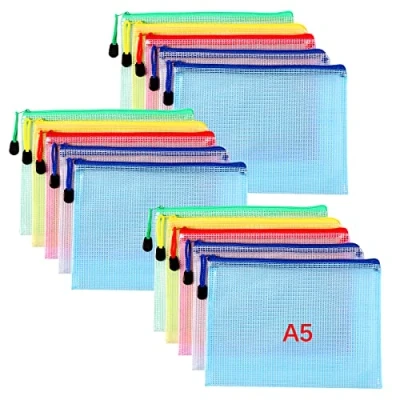 Image de Oderra Pochette Plastique A5, 15PCS Zippée, PVC Mesh Zipper Rangement Wallet, Ranger Papiers petits Objets des Fournitures,Cosmétiques et Accessoires de Voyage etc
