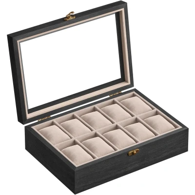 Afbeelding van SONGMICS Horlogedoos met 10 sleuven, horlogekast, massief houten opbergdoos glazen deksel, presentatiedoos uitneembare kussens, cadeau idee, ebbenhout zwart