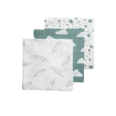 Afbeelding van Meyco Baby Clouds/Dots/Feathers hydrofiele doeken 3 pack stone green 70x70cm