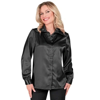 Afbeelding van Widmann Feesten &amp; Gelegenheden Kostuum Jaren 70 Blouse Satijn Zwart Vrouw Small Carnavalskleding Verkleedkleding