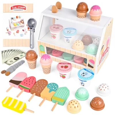 Afbeelding van Euakee houten koelbox voor kinderen, keukenaccessoires accessoires kooplieden, ijswinkel, rollenspel, Montessori speelgoed, cadeau jongens en meisjes