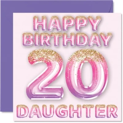 Afbeelding van Verjaardagskaart voor de 20e verjaardag meisjes, roze en paarse glitterballonnen, verjaardagskaarten 20 jarige dochter van mama papa, 145 mm x