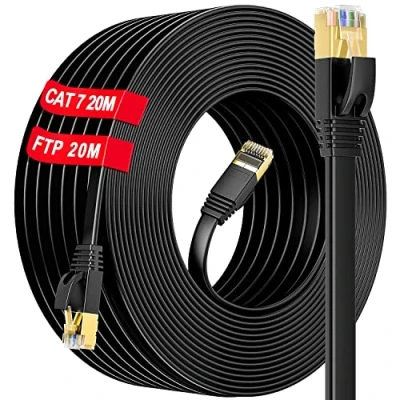 Afbeelding van Ethernet kabel, 20 m, afgeschermd, Cat 7, RJ45, plat, netwerkkabel, high speed vezel, LAN internet, Gigabit 10 Gbit/s, 600 MHz, S/FTP ethernetkabel, compatibel met router, switch, modem