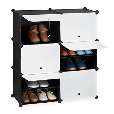 Afbeelding van schoenenkast 95 x 85 31,5 cm 12 vakken met deuren kunststof zwart wit