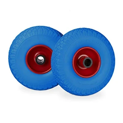 Afbeelding van Relaxdays steekwagenwiel set van 2 stuks stalen velg anti lek 25 mm as 100 kg Blauw rood