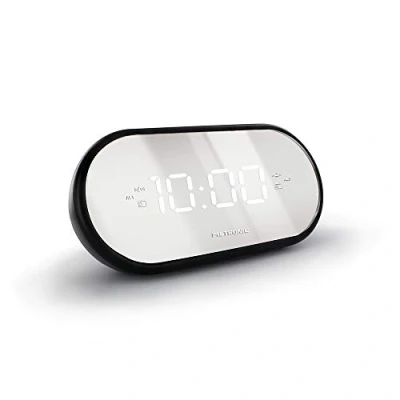 Afbeelding van Metronic 477037 FM wekkerradio, spiegel, dubbel alarm, met slaap /snooze functies, instelbare helderheid, progressieve beltoon en tijdbesparende batterijen, zwart