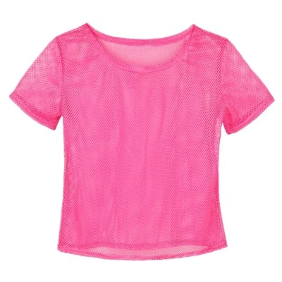 Afbeelding van KarneLux Neongebreid T shirt Mesh top voor festival overhemd als kostuum jaren 80 en 90 outfits carnaval, carnaval of themafeesten, één maat, Fluorescerend roze