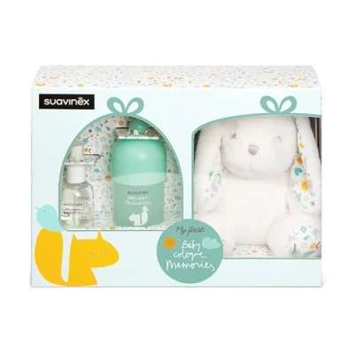 Afbeelding van Suavinex, Cadeaumand voor baby&#039;s Inclusief Baby Cologne Memories 100 ml + Reisformaat 50 Babyknuffel. Alcoholarm eau de toilette kinderen, laat geen vlekken op kleding achter
